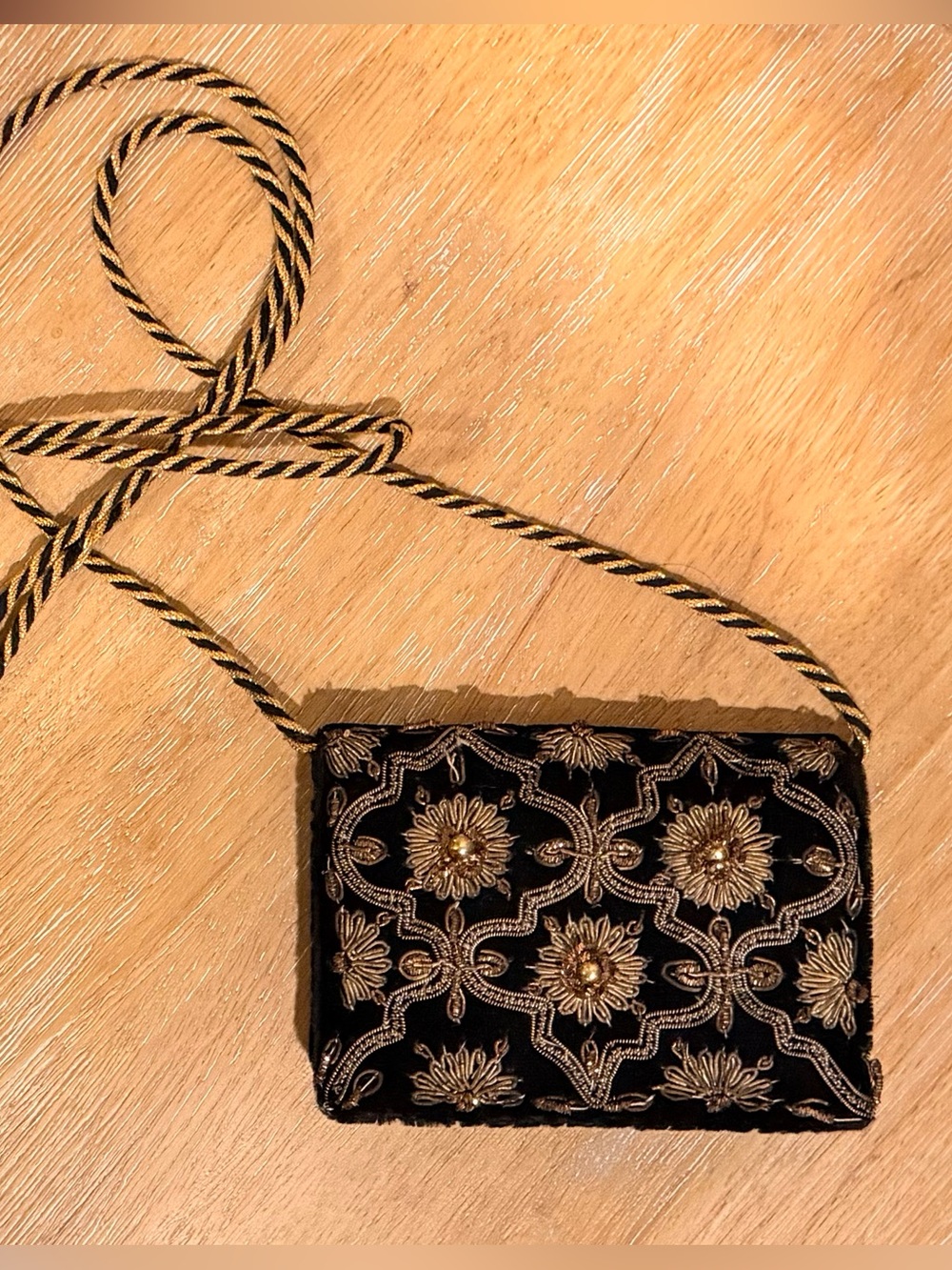 Elegant Black and Gold Embroidered Wallet Clutch